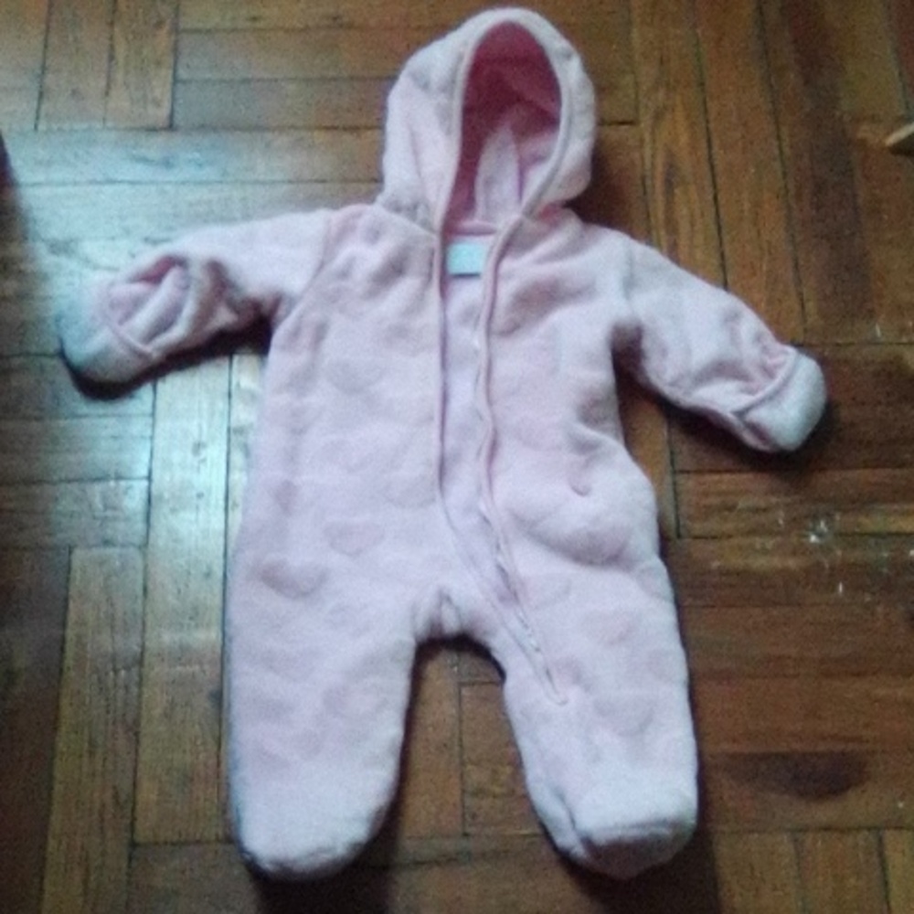 Infant girl Pink fleece snowsuit. Crochet blanket bundle